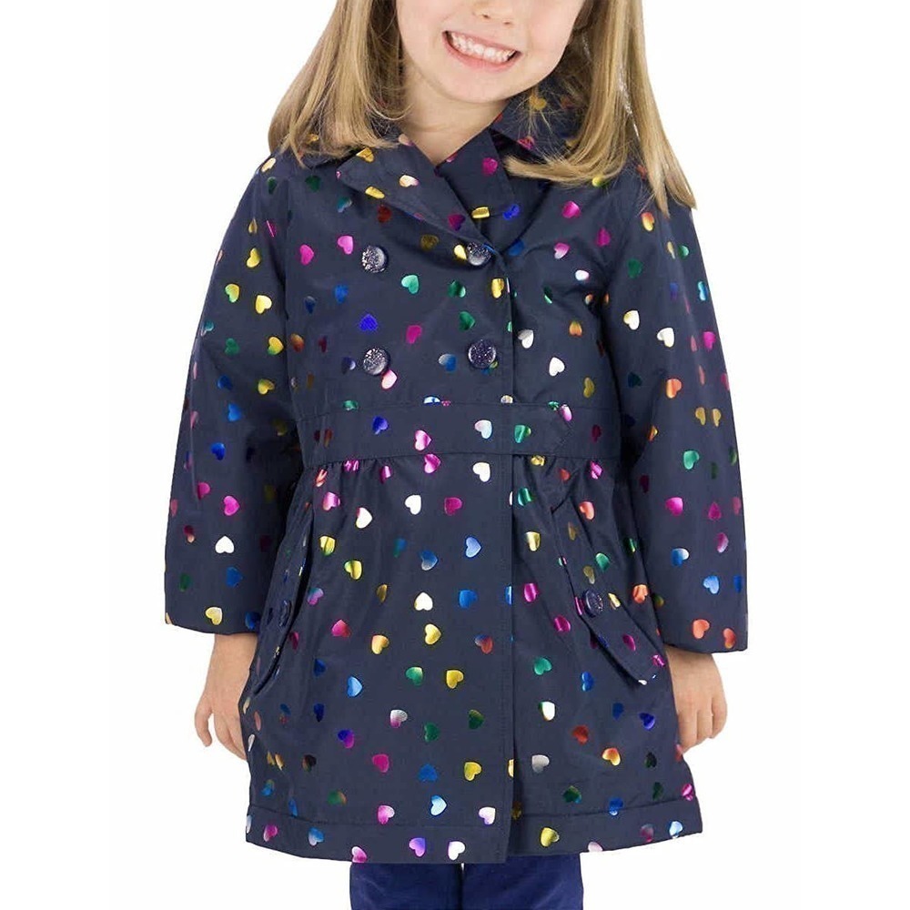 London Fog Girls Navy Blue Metallic Hearts Mid-Weight Hooded Jacket, Size 3T 🗣